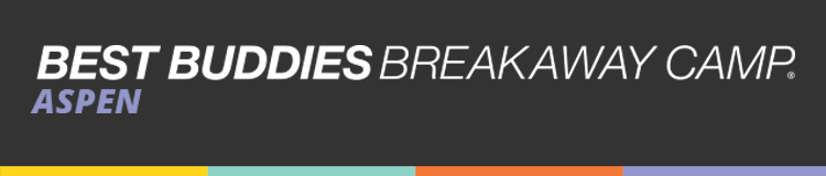 Best Buddies Breakaway Camp Aspen logo with colored underline bars on a dark background.